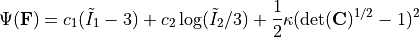 \Psi(\mathbf{F}) = c_1(\tilde{I}_1-3) + c_2\log(\tilde{I}_2/3) + \frac{1}{2}\kappa(\det(\mathbf{C})^{1/2}-1)^2
